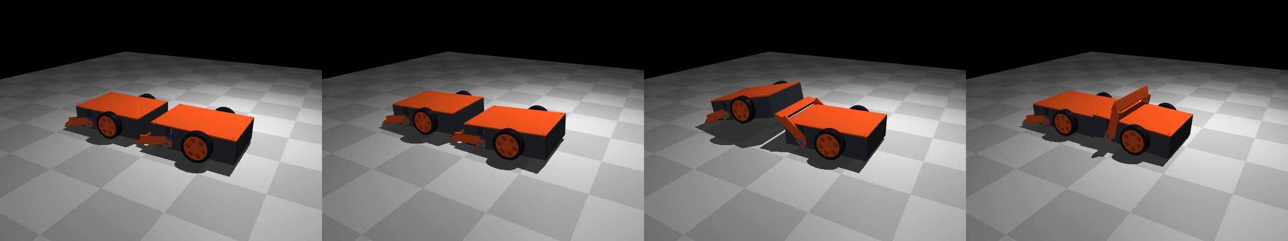 Four MuJoCo frames: bot A drives up behind its twin, gets its wedge under the twin's rear, the arm swings up and pops the twin's rear into the air, and the twin drops back as the arm reaches vertical