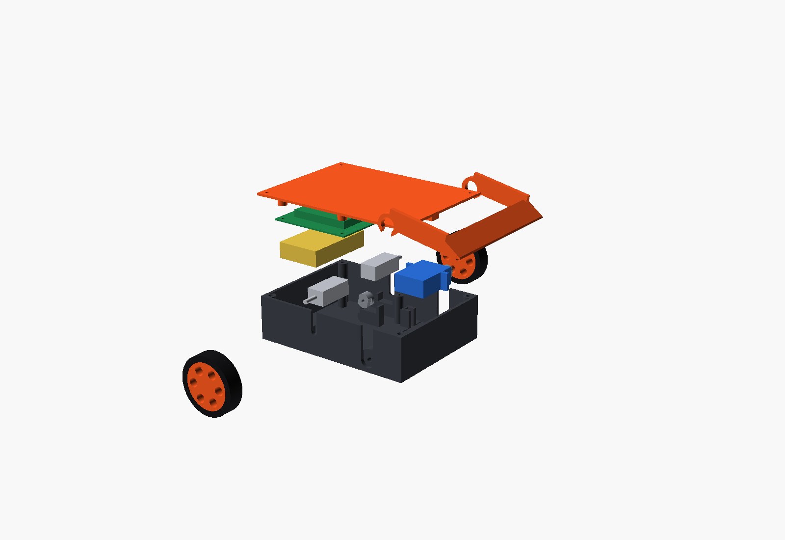 Exploded view of the antweight: the dark chassis tub at the bottom, two N20 motors and a blue servo above it, then the yellow battery, the green carrier board, the orange lid, the orange lifter fork at the front, and one wheel pulled out sideways. Each part is offset along the direction it is installed in the assembly recipe.