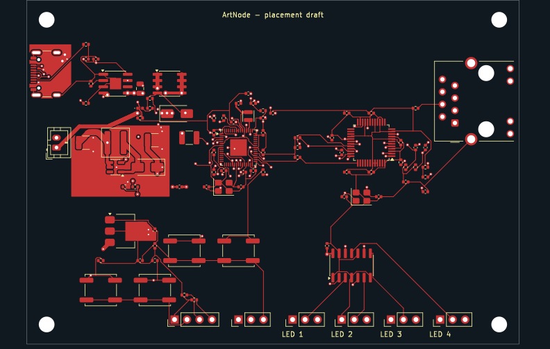 Top copper and silkscreen of the revised ArtNode board: power circuitry on the left, the controller in the middle, Ethernet at the right edge and four LED outputs along the bottom.