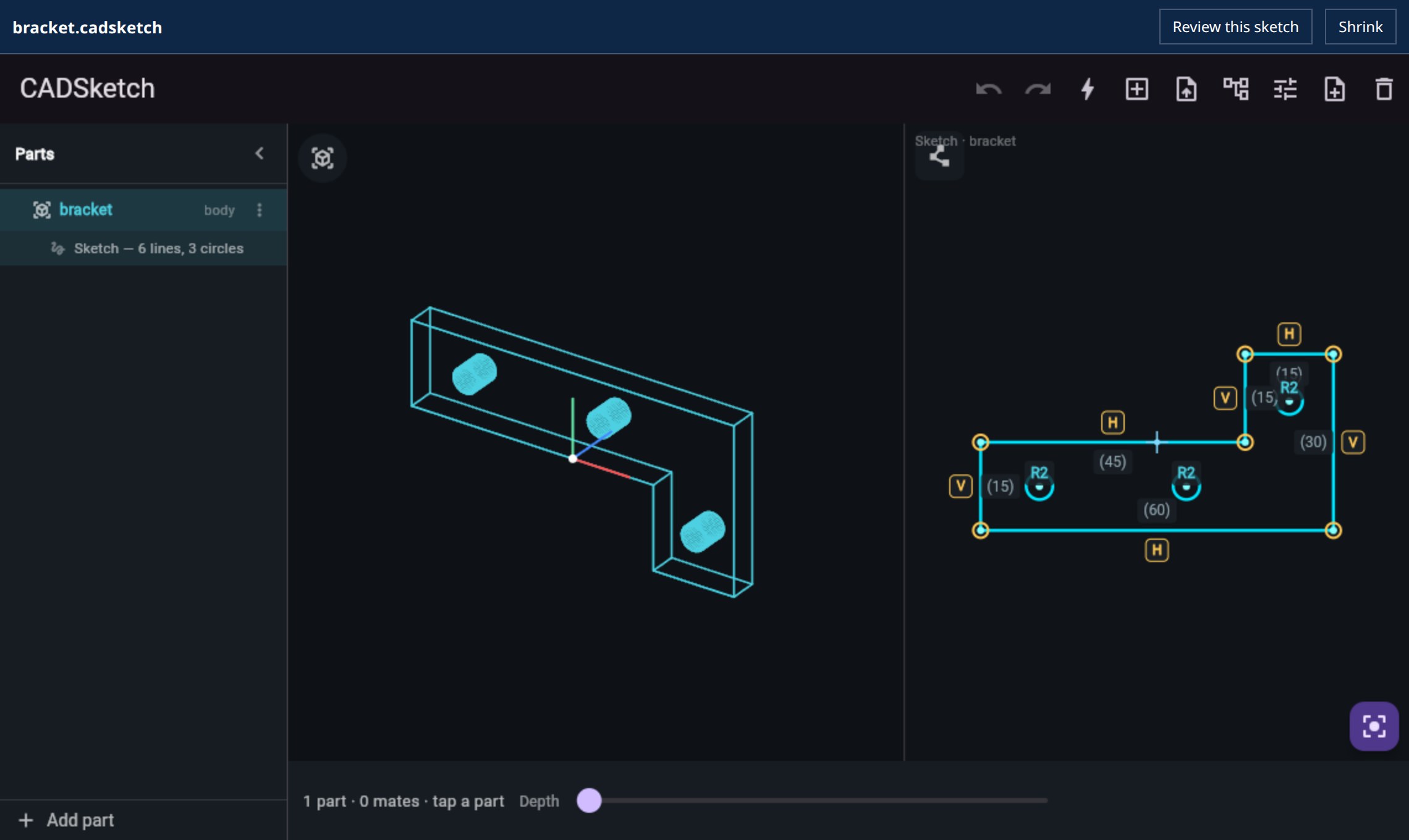 The CADSketch editor with bracket.cadsketch open. On the left a 3D wireframe of an L-shaped bracket with three holes. On the right the same part as a 2D sketch with its dimensions, 60, 45, 30 and 15 mm, and small H and V markers on the edges showing horizontal and vertical constraints.