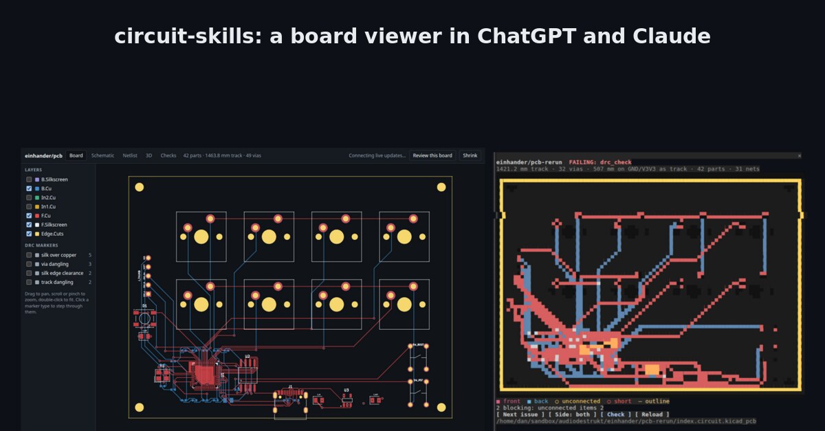 The same routed keypad board in the Codex plugin's board tab, with layer toggles and DRC marker types on the left, and in the Claude Code pane, drawn in coloured terminal cells beside the conversation