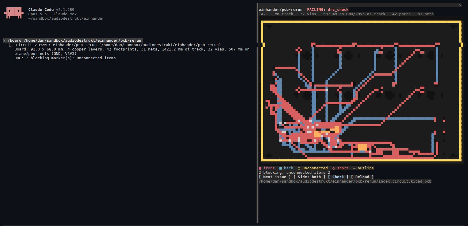 Claude Code in a terminal: on the left, the /board command and its summary; on the right, a docked pane with the board drawn in red and blue cells inside a yellow outline, orange marks on the two open connections, the verdict FAILING: drc_check, routing metrics, a legend and buttons
