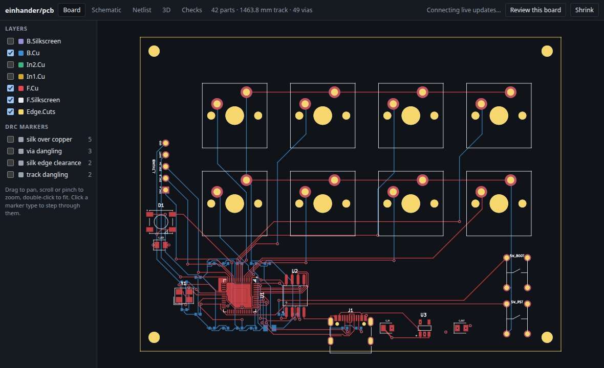 The Board tab: the routed einhander keypad with front copper in red, back copper in blue, the outline in yellow, layer checkboxes and DRC marker types in a sidebar