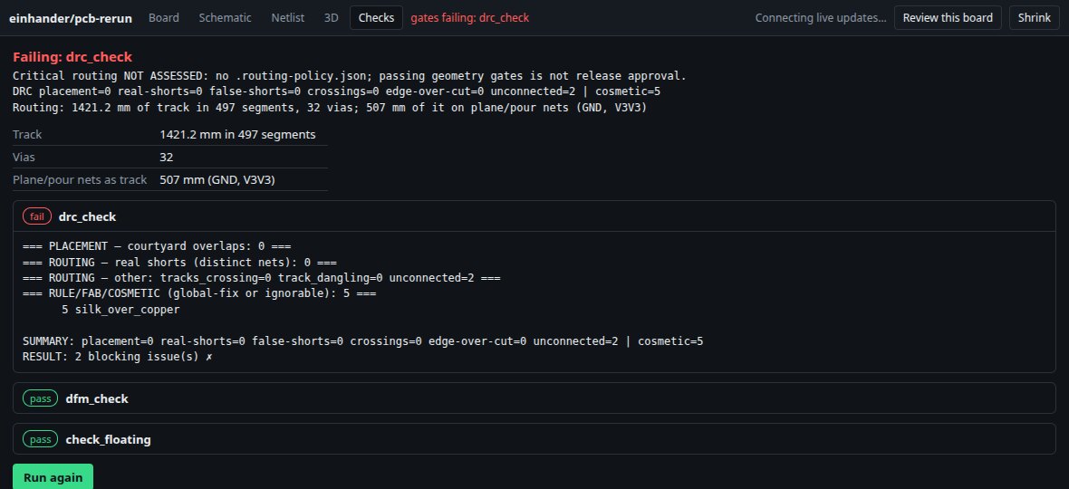 The Checks tab: Failing: drc_check, a line saying critical routing is not assessed, routing metrics, and each gate's output with pass/fail pills