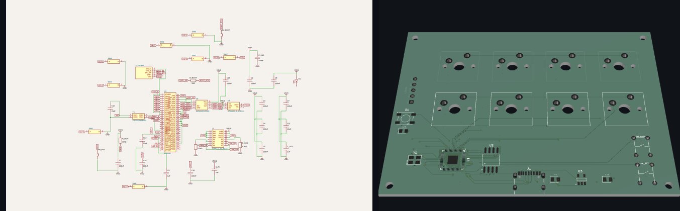 Left, the auto-laid-out tscircuit schematic of the RP2040 keypad; right, the routed board in 3D