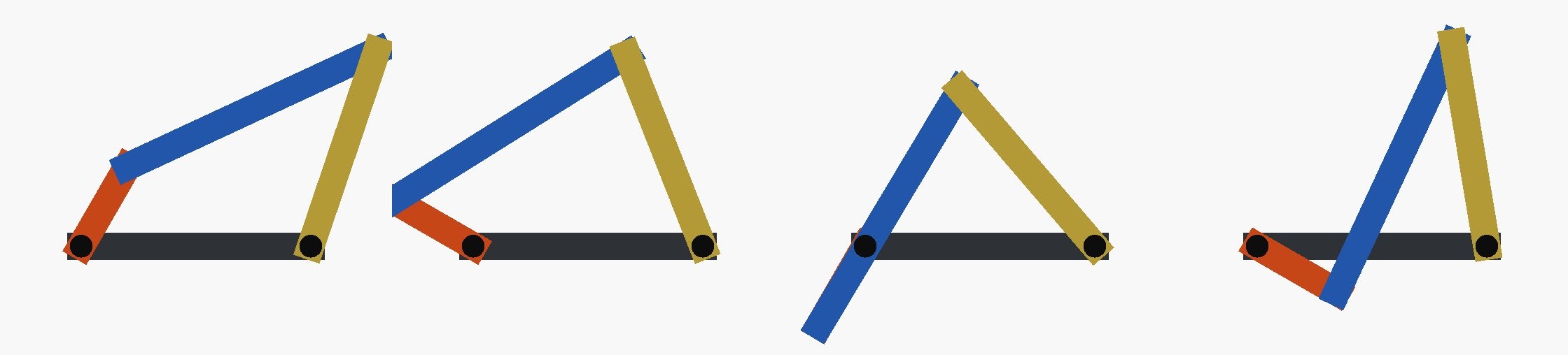 Top view of a four-bar linkage at four crank angles: grey ground link, orange crank, blue coupler, yellow rocker. The rocker pivot stays on the ground link's right end in every pose, so the loop stays closed as the crank turns.