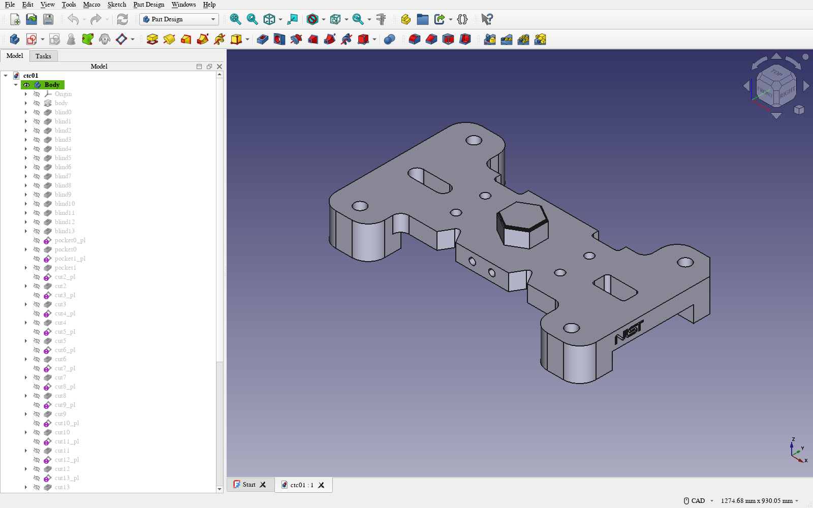 FreeCAD 1.0 Part Design workbench. The Model tree on the left lists the recovered operations under Body: the base pad, blind0 through blind13, then pocket0, pocket1, cut2 through cut13 with their placement sketches. The 3D view on the right shows the rebuilt NIST CTC-01 part: an H-shaped plate with through-holes, two slots, a hexagonal boss, side cross-holes and embossed NIST lettering.
