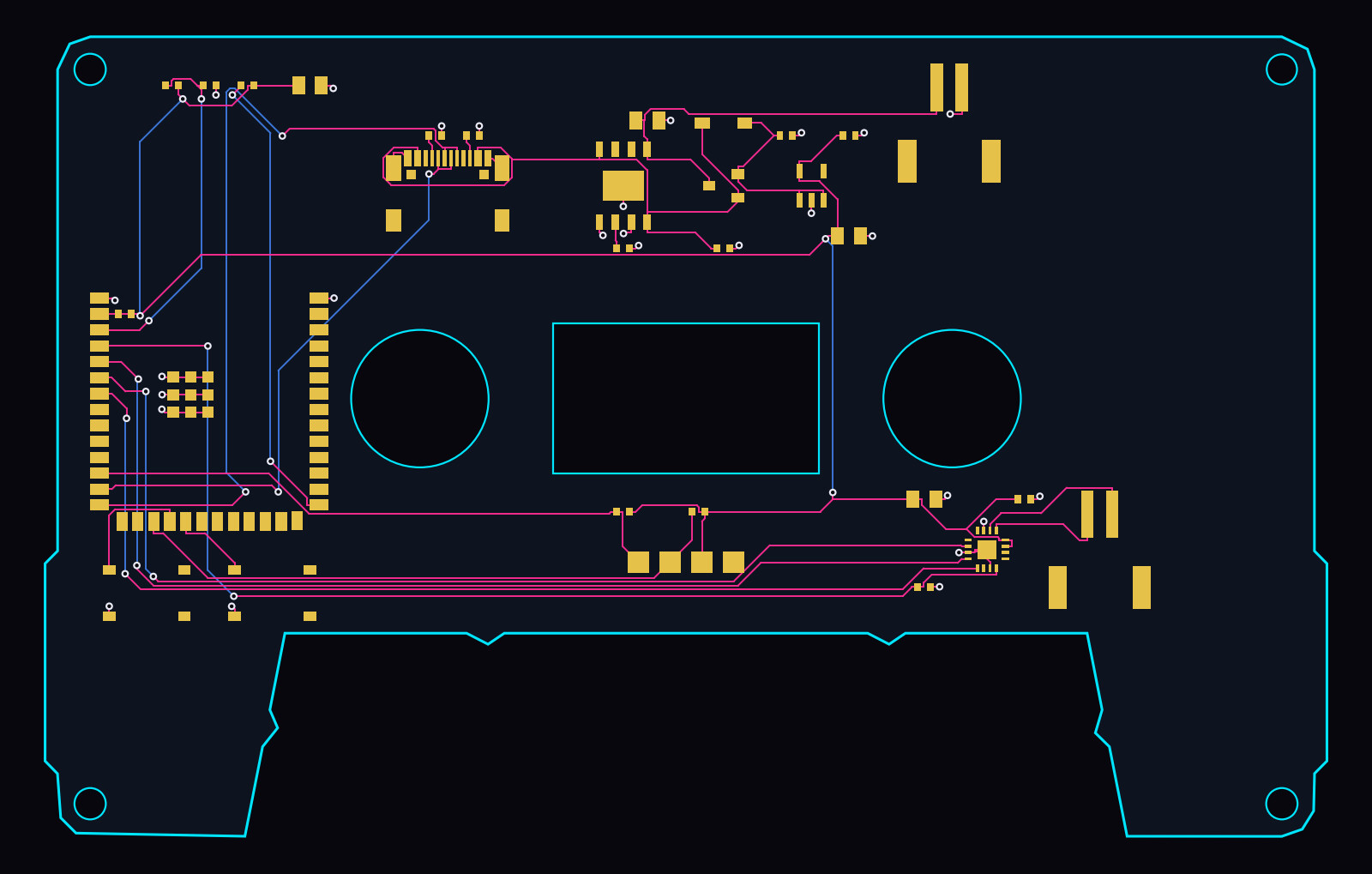 The re-routed flexisette board on its own: a cassette-shaped outline in cyan with the rectangular tape window between two round reel holes, four corner screw holes and the head notch cut out of the bottom edge. The ESP32 module is on the left, USB-C and the charger along the top, the amplifier and speaker connector on the right, joined by magenta top-layer and blue bottom-layer traces.