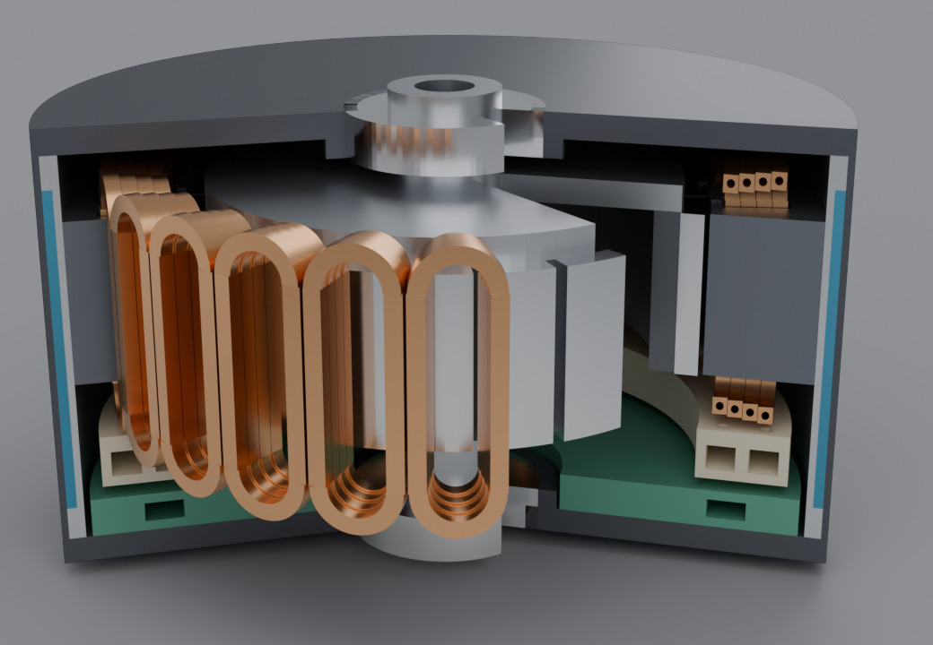 Cutaway render of the motor: copper coils of hollow rectangular conductor around the stator teeth, magnets on the rotor, coolant shown blue in the outer jacket, a manifold ring and a drive cold plate at the rear