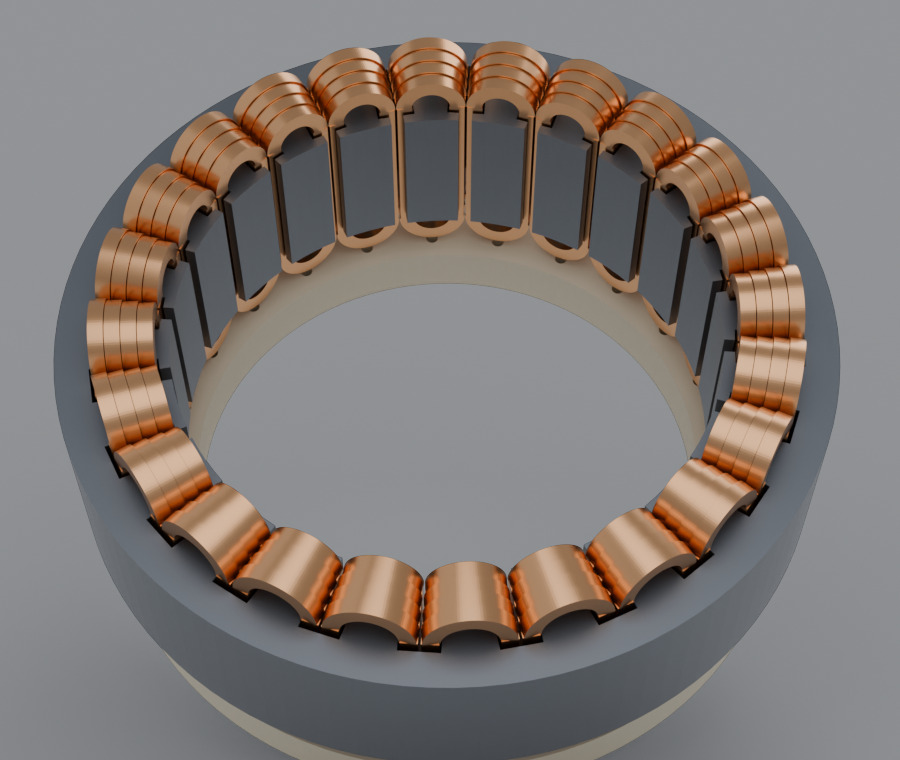 Render of the wound stator: 24 copper coils, one per tooth, each a column of four turns, with the manifold ring behind