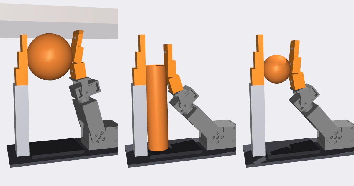 Three renders of the final design: one articulated finger and a fixed thumb post holding a 65 mm ball picked from a table, an upright 30 mm cylinder, and a 40 mm ball pinched between the pads