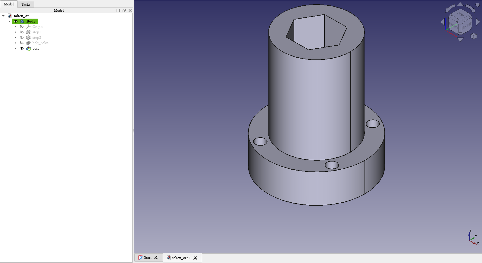 FreeCAD showing the rebuilt flanged bushing with a hexagonal bore and four bolt holes. The model tree on the left lists step1, step2, bolt_holes and bore.