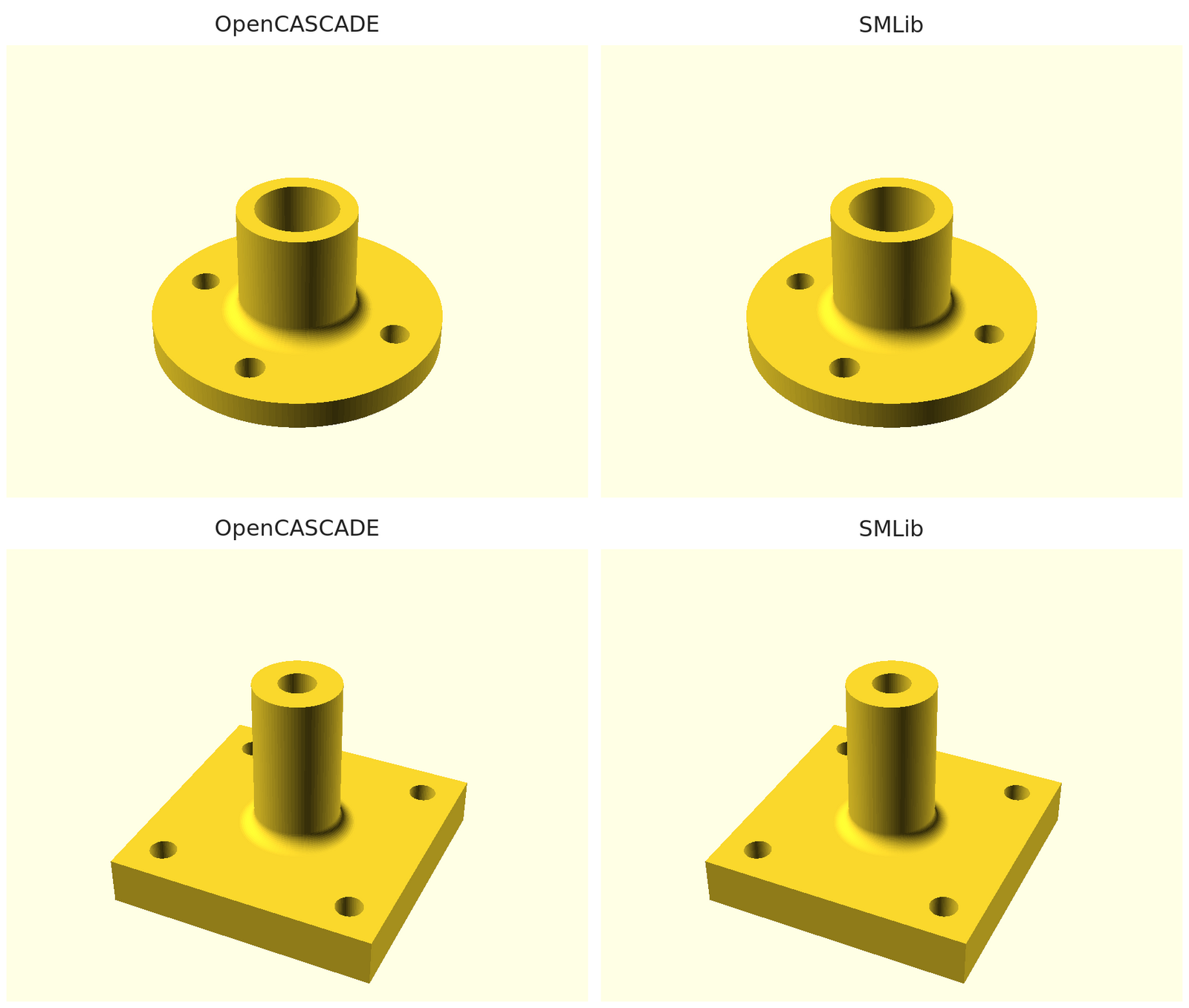 Four renders in two rows. Top row: a pipe flange, a flat disk with four bolt holes and a bored riser joined by a concave weld fillet, built by OpenCASCADE on the left and SMLib on the right. Bottom row: a square post mount with a central bored post and four corner holes, again OpenCASCADE on the left and SMLib on the right. Each pair is indistinguishable.