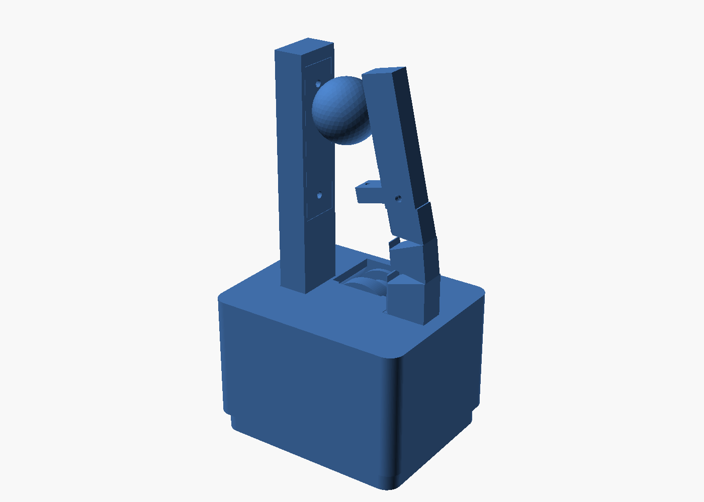 Claude's gripper in the grasp pose: a solid rectangular housing, a tall post with a face plate, and a bent finger pressing a ball. The cable is not drawn.