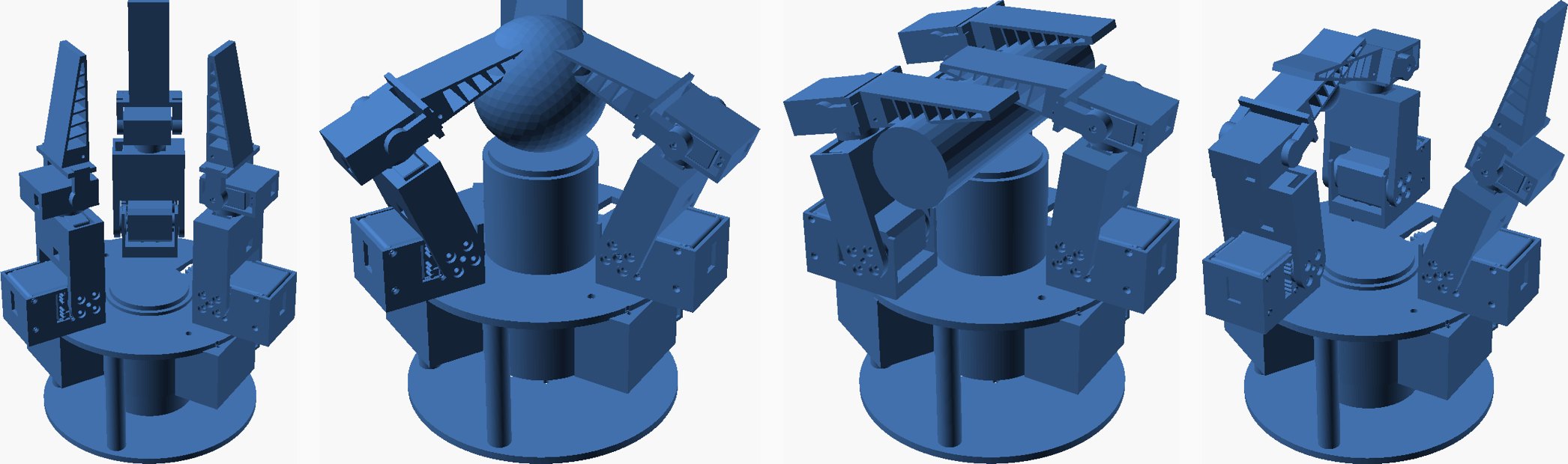 Four renders of the gripper: open, cage grasp of a 65 mm ball on the raised palm, power grasp of a rod lying across the palm with two fingers swivelled parallel, and a pinch of a 20 mm bead between two fingers facing each other