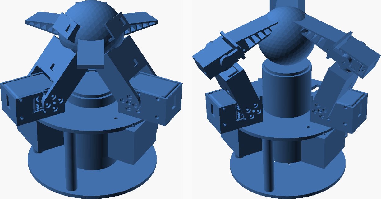 Left: the first assembly render, fingers straight up. Right: the same design seven render-log frames later, caging a ball on the raised palm